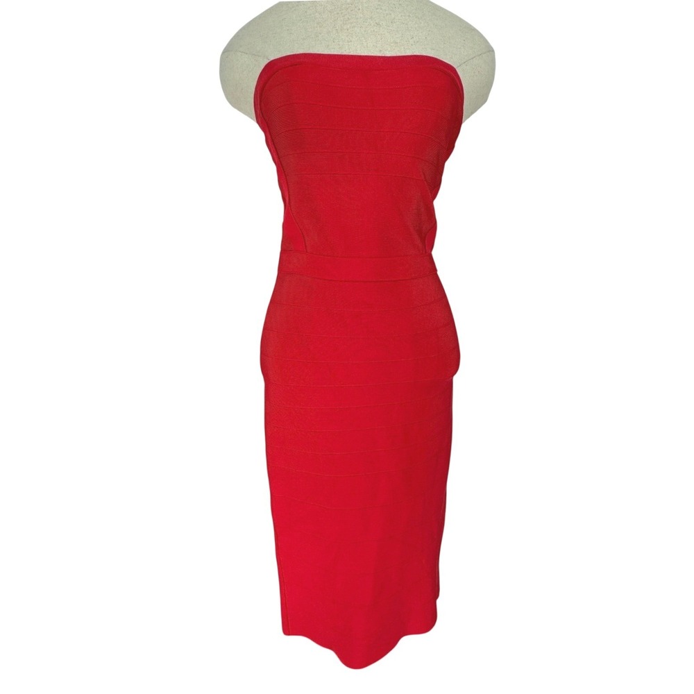 Vintage Bebe Red Strapless Bandage Knit Bodycon Midi Dress Medium Zip Bratz Glam